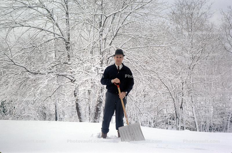 Man Snow Shovel, clearing snow, 1950s