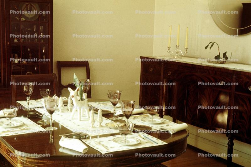 table setting, glass, napkins, place mats, candles, 1950s