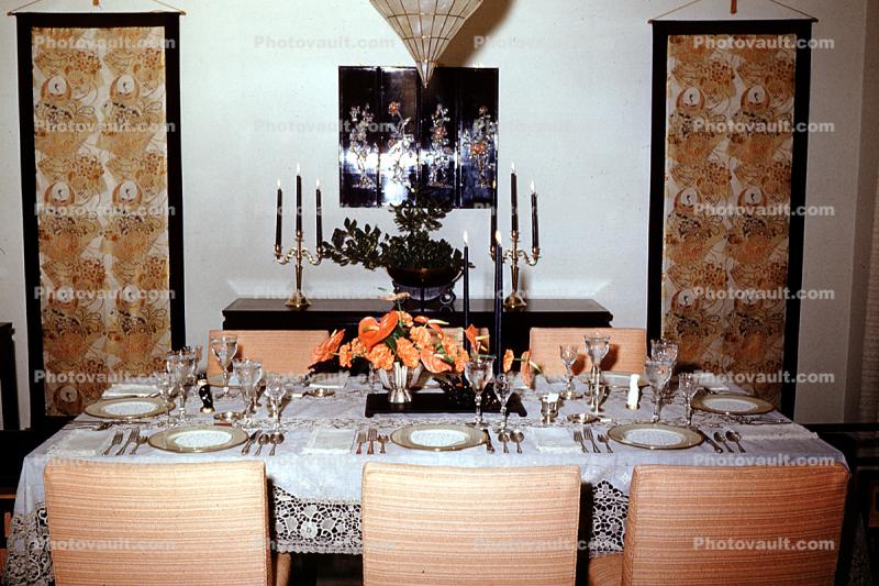 Japanese Style Table settings, plates, silverware, chairs, candles, flower, 1950s