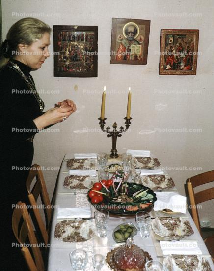 Woman lighting Candles, Table Setting, Moscow, May 1971, 1970s