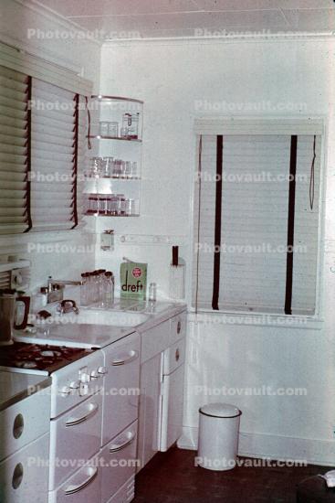 Gas Stove, Sink, Trash Can, 1940s