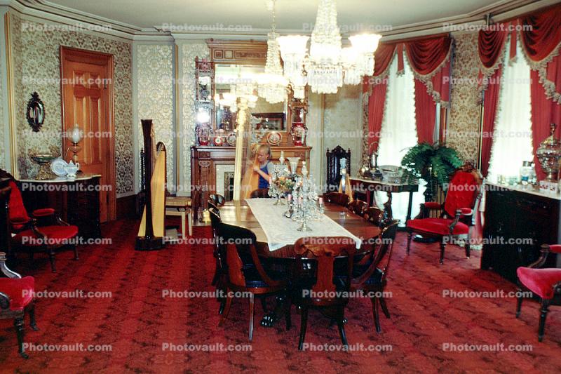 Dining Room, chandelier, table, chairs, harp, carpet, curtains