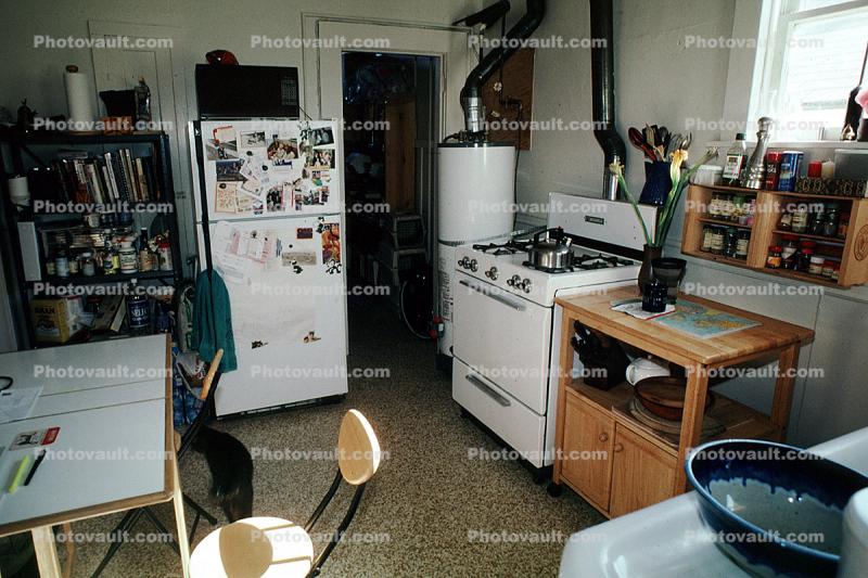 Refrigerator, stove, water heater, counter, oven