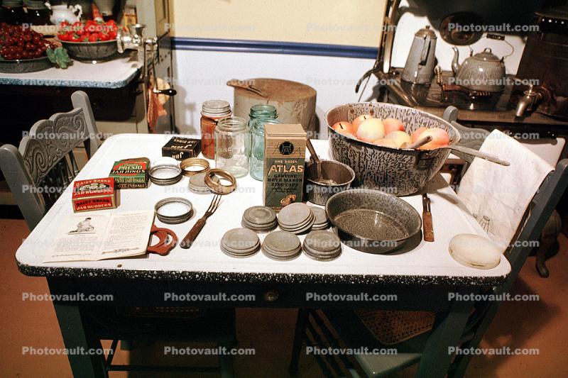 table, fruit bowl, canning, stove