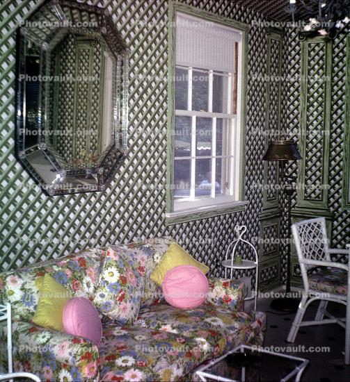 Sofa, Pink Pillows, Flowery, Mirror, Wallpaper, Southampton, England, August 1966