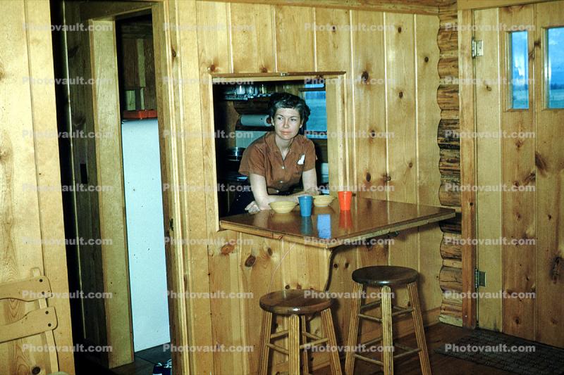 1950s housewife, Bar Stool, Wooden Walls, 1950s