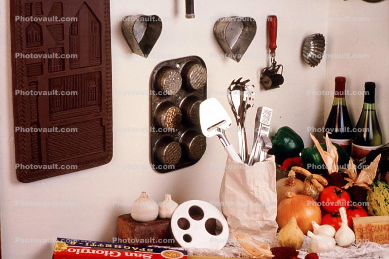 Kitchen Wall, Utensils, Wine Bottles, Pumpkins