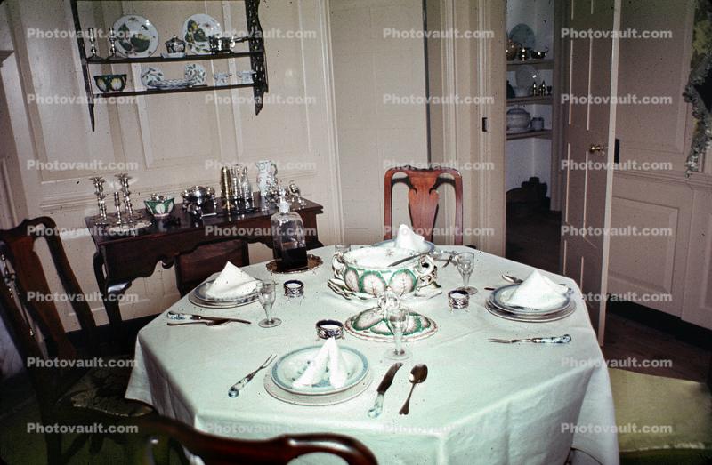 Dining Room Table, Plate Settings, silverware, tablecloth, September 1974, 1970s
