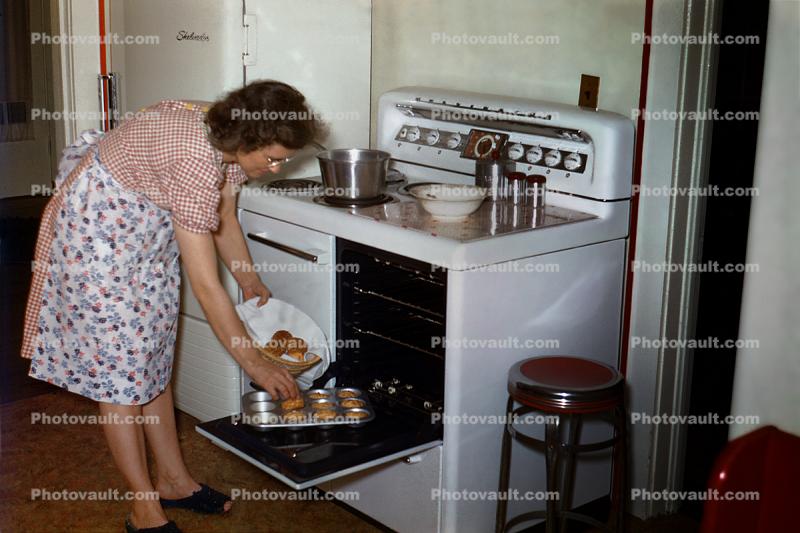 Woman Baking Muffins, Electric Stove, Housewife, Apron, 1950s
