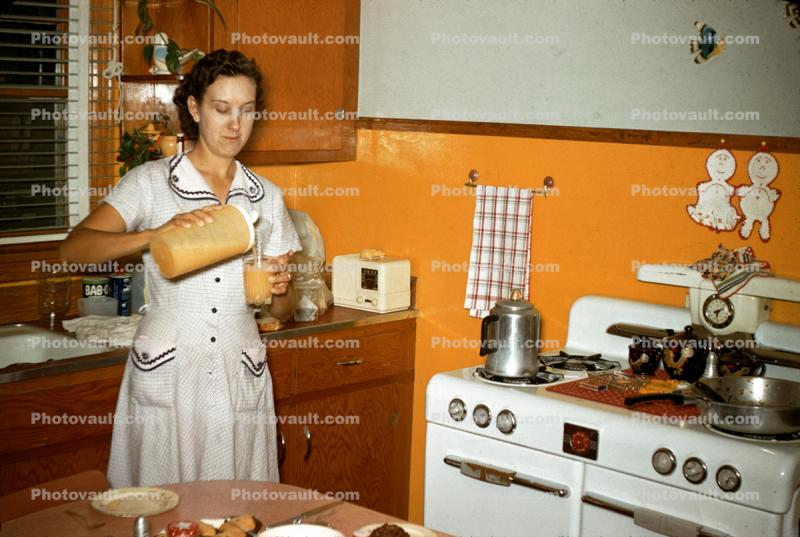 Woman in a Kitchen, Stove, Pot, accoutrements, radio