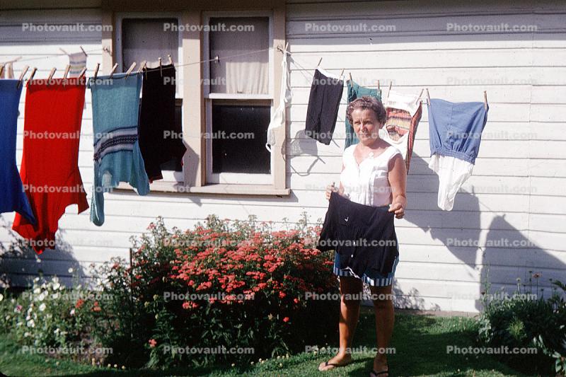 Clothesline, Woman, Drying, Clothes Line, Hanging clothes, Washingline, 1950s