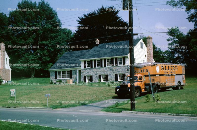 Allied Moving Van, Semi, home, house, driveway, mailbox, realtor sign, suburbia, street, July 1964, 1960s