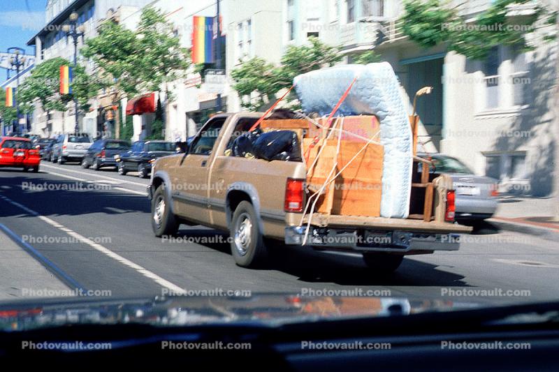 pickup truck, mattress, table, loaded, overload