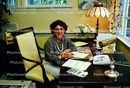 Woman, Desk, Lamp, Paper Calculator, female, telephone