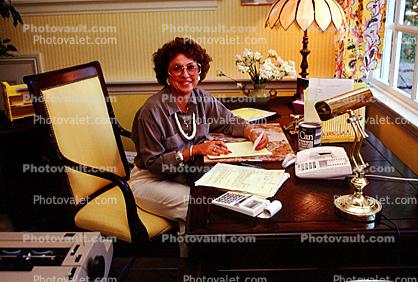 Woman, Desk, Lamp, Paper Calculator, female, telephone