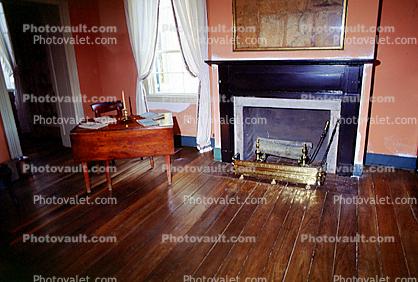 office, desk, room, fireplace, wooden floor, mantle