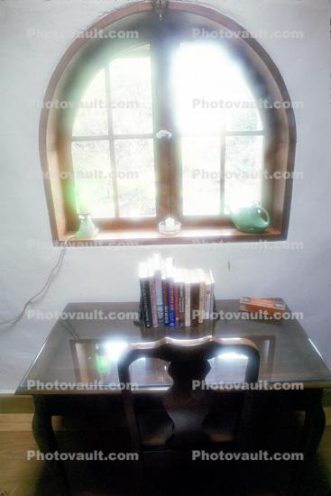 reading table, books, window