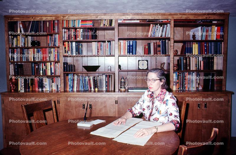 Library Shelf, Shelves, Woman, Reading, 1950s