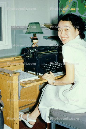 Woman, Typewriter, smiles, lady, desk, lamp, 1940s