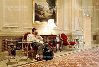 Cell Phone, Man, Male, Chatting, Talking, Hotel, Lobby