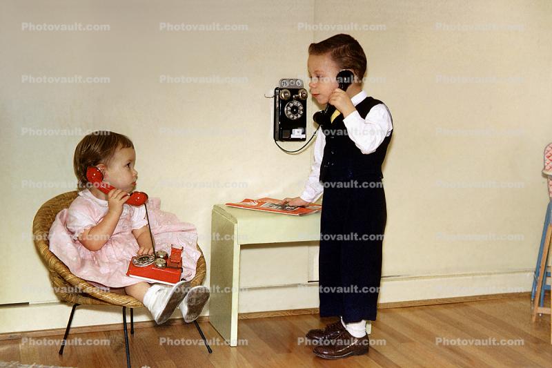 Boy, Girl, Dial Phone, Playing, 1950s
