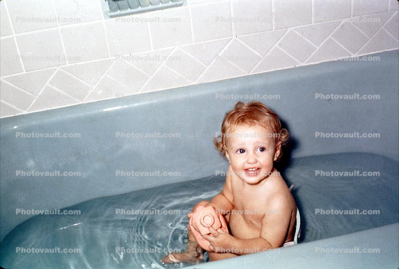 Bathtub, Washing, Water, Cute, Sitting, Tub, 1950s
