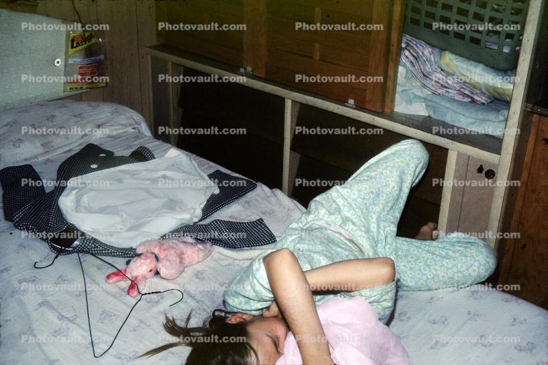Girl, Bed, Bedtime, Pajamas, arms, knees, nightwear, 1960s