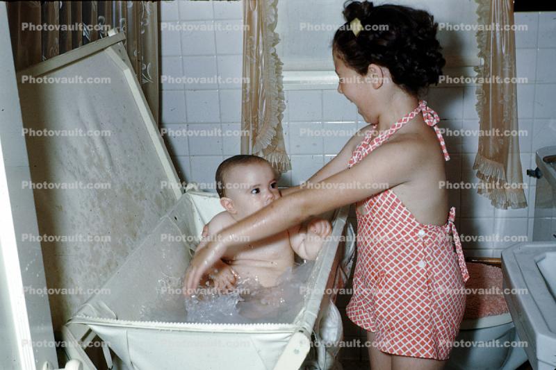 baby, tub, bathwater, girl, retro, toddler, 1960s