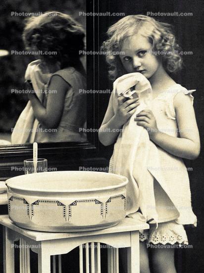 Mirror, Girl Washing up, washcloth, 1920's, RPPC