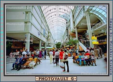 Eatons, Mall, Shopping Mall, stores, interior, inside, indoors, shoppers, escalator, benches