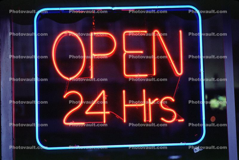 open 24 hours, neon sign