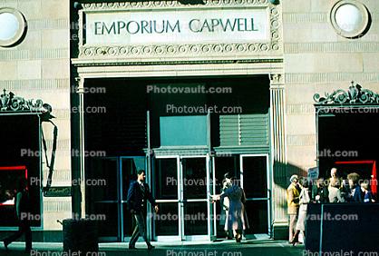 Emporium Capwell, Doors, Entrance, Store, building, signage, entryway, Men Walking, 1980s