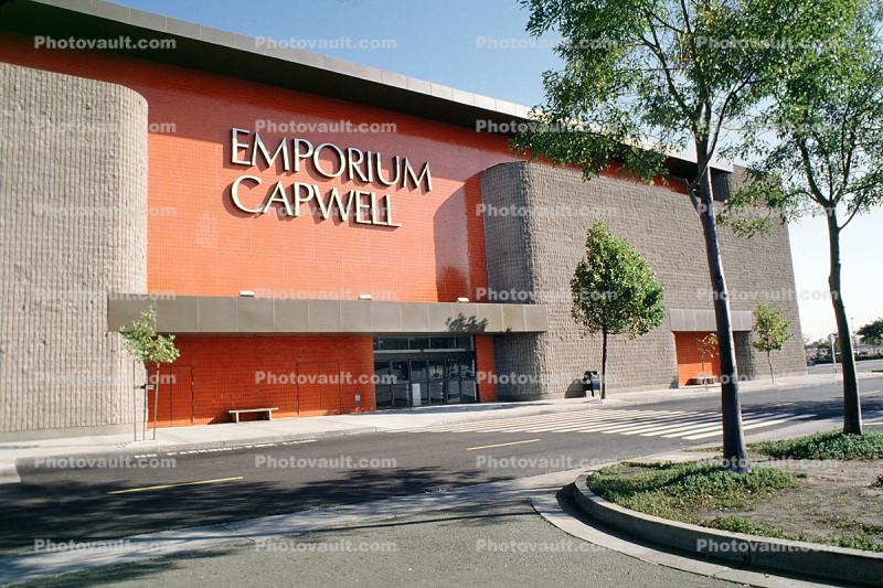 Emporium Capwell Shopping Center, mall, building, trees, Doors, Entrance, Store, signage, 1980s