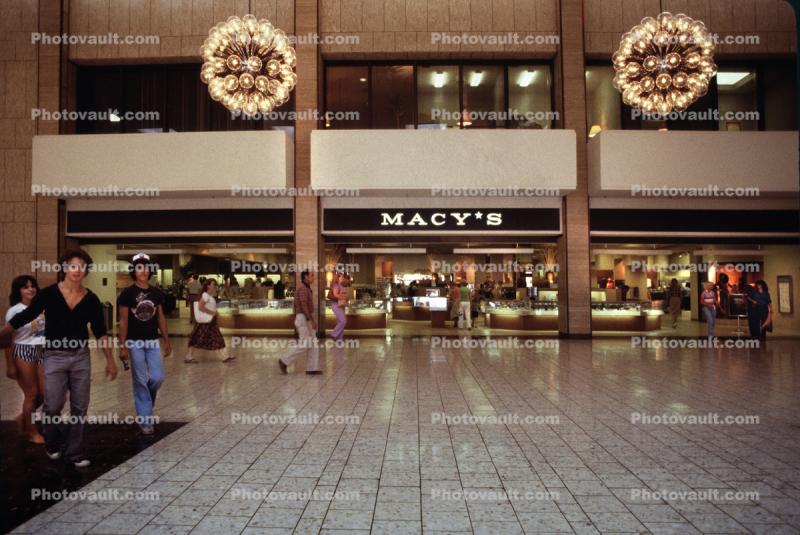 Macy's, shoppers, mall, inside, interior, building, store, Shopping Center, signage, 1980s, indoors