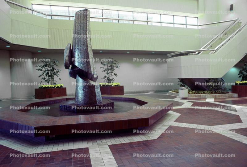 Shopping Mall, Center, interior, inside, stairs, Water Fountain, aquatics, tile floor, 1980s