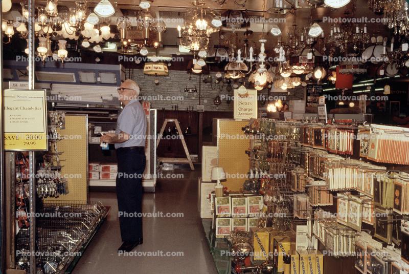 Sears Electric Fixtures Store, Man, Customer, Mall, interior, inside, indoors, shopper, 1980s