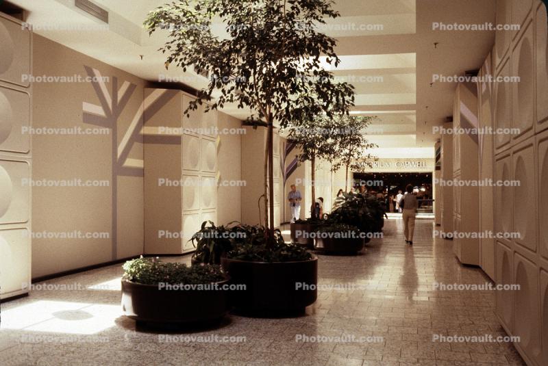 Stoneridge, Shopping Mall, interior, inside, indoors, shoppers, trees, tile floor, 1980s