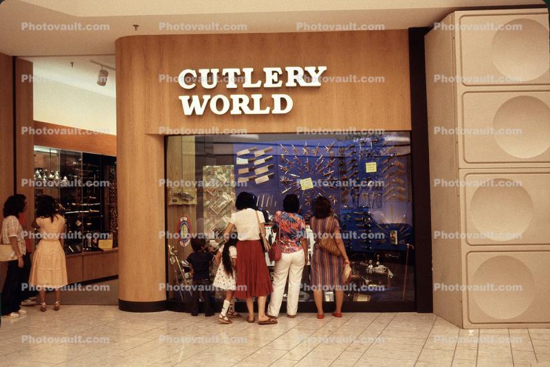 Cutlery World store, interior, inside, indoors, shoppers, window display, 1980s