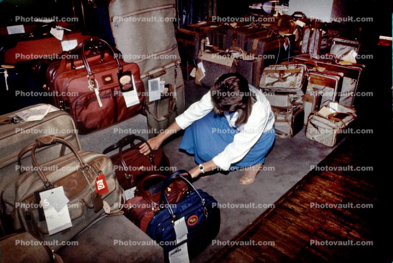 Luggage, suitcase, woman, Store, Shopping Mall, interior, inside, indoors, shoppers, 1980s
