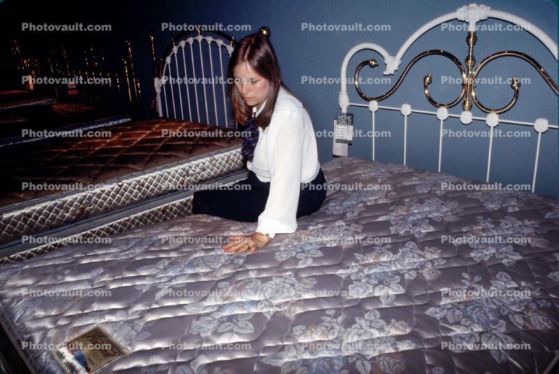Woman Shopping at Bed Store, Mall, interior, inside, indoors, shopper, 1980s