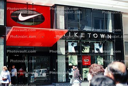 Niketown, building, shoppers, people, shop, store