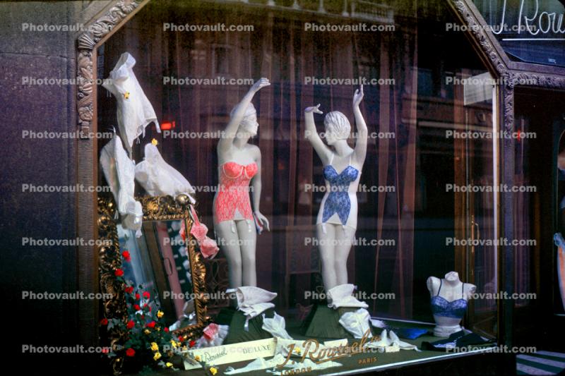 J Roussel De Luxe Lingerie Store, window shopping, girdles, bras, panty, mod fashion, April 1963, 1960s