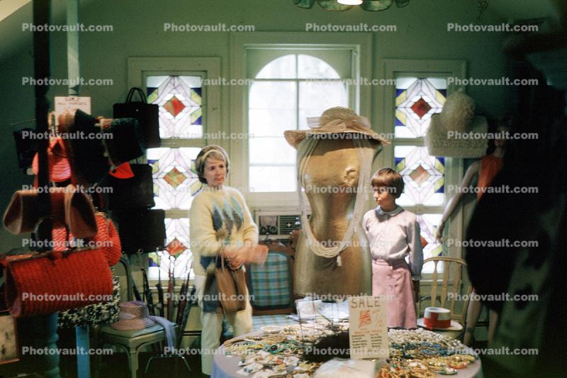 Clothing Store, Woman, Girl, purse, hats, interior, inside, indoors, shoppers, May 1964, 1960s