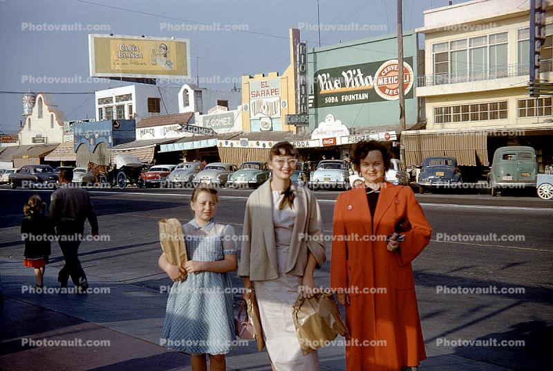 Shopping in Tijuana, cars, stores, shops, 1950s