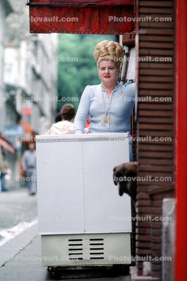 Woman, beehive hairdo, ice cream vendor, dog