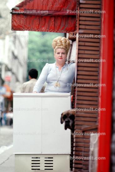 Woman, beehive hairdo, ice cream vendor, dog