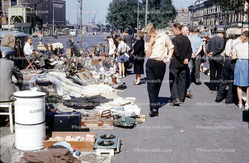 Sidewalk Vendor, flea market, Rotterdam Netherlands, 1959, 1950s