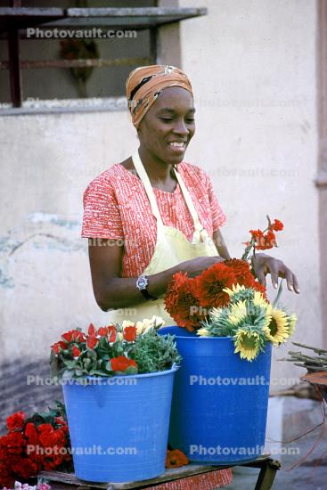 Woman Vending Flowers, Pail, Smiles, apron