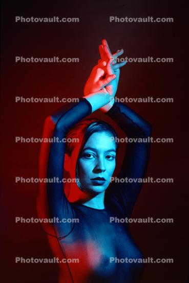 Woman in Blue and Red, hands