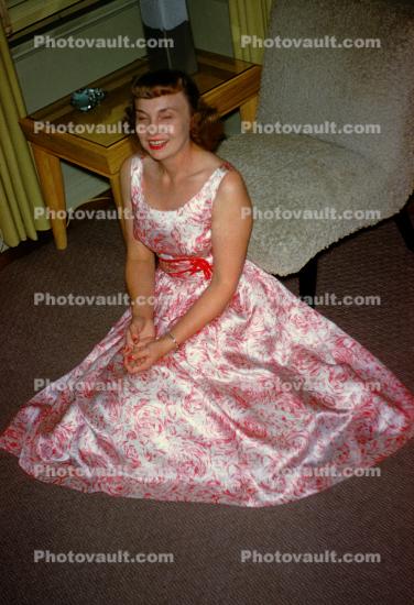 Floral Dress, Fashion, Striptease, Retro, Woman, Female, Dress, Dressy, Smiles, Adriana, 1950s